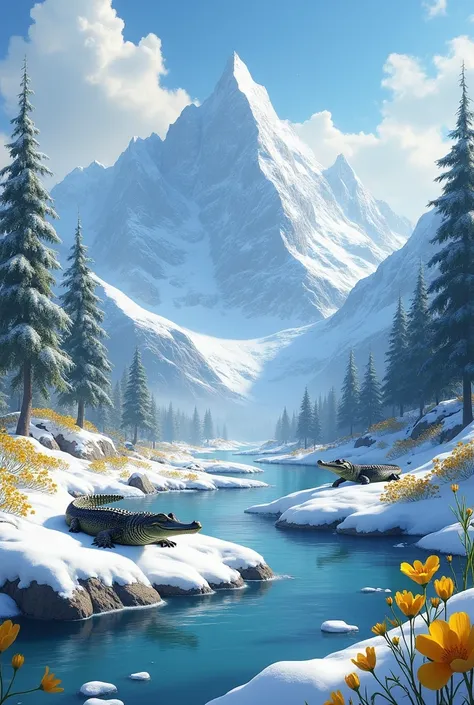 Create a landscape with very snowy mountains with crocodiles and flowing river and flowers yellow very cute 