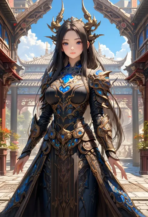 Holding a spear、Wear off-the-shoulder armor 、 wear arm guards with dragon decorations on the shoulders 、Standing in a palace courtyard , epic Fantasy art style hd, 4k fantasy art,  detailed fantasy art , epic Fantasy art style,  Epic Fantasy Digital Art St...