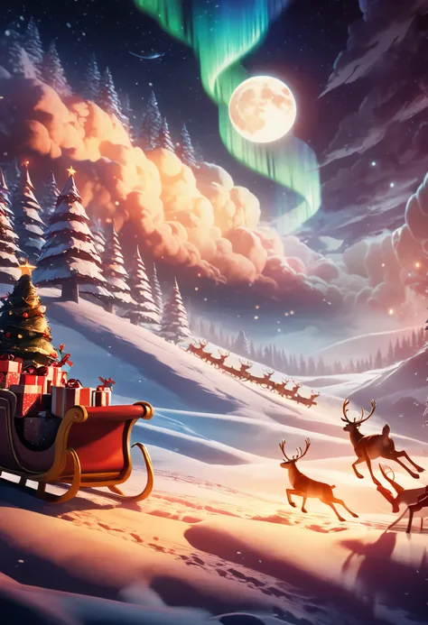 magical Christmas scene with Santa’s sleigh soaring through a starlit night sky. Santa rides confidently in his wooden sleigh overflowing with wrapped presents, his coat and beard flowing in the wind. Nine reindeer, led by Rudolph with his glowing red nose...