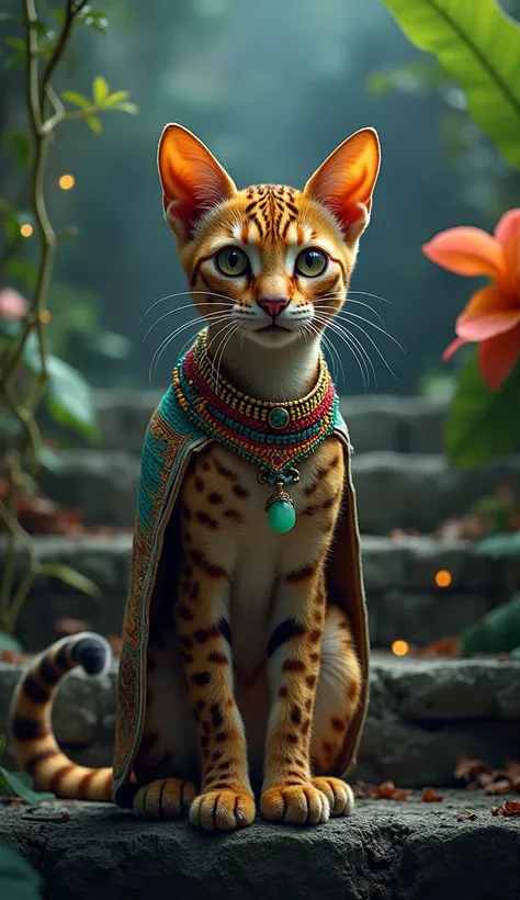 Belize Cat:
A small but elegant Ocicat with a spotted coat resembling a jaguar’s, standing confidently on the steps of an ancient Mayan pyramid. The cat wears a colorful beaded collar with a small jade pendant, and a woven cape drapes over its shoulders. S...