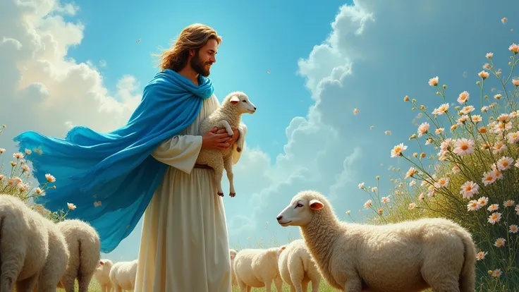 Jesus in blue scarf smiling and looking after herd of sheeps, a lamb on Jesuss arms, standing, bush flowers, flowers blowing, blue sky, abstract background 