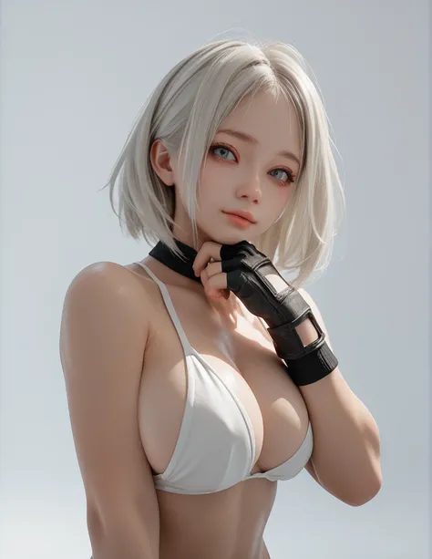 (masterpiece, best quality:1.2), solo, 1girl, White skin, white-skinned female, looking at viewer, underwear, fingerless gloves, white background, 3D, sexy pose, black short,  Hair Strand, big breasts, 