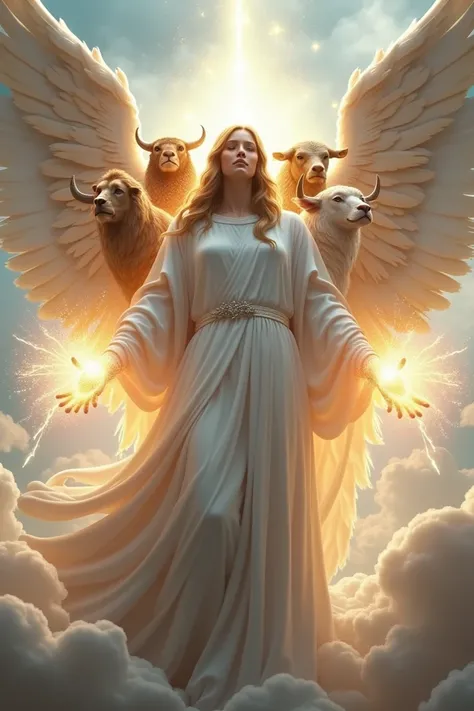  Angel with four eagle heads , lion, Ox and a human head ,  with 6 wings covering the eyes ,  another for feet and another for flying .
 With white clothes and her hands shine like lightning 