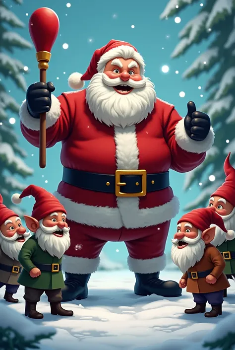 Santa Claus beats gnomes with a rubber baton