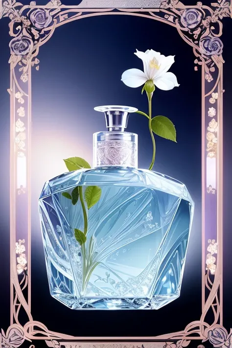 Bottle Design  、 Art Nouveau luxury square crystal perfume bottle decorated with beautiful roses and dragonflies、　 Beautiful clematis flowers and butterflies々Decorated with、Light blue background 　 White Light、 30 megapixel   、  Photographed by a Profession...