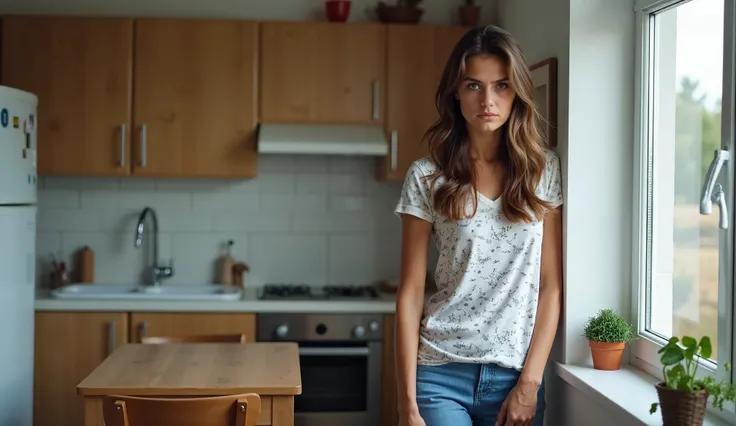 The interior of a relatively small, modestly equipped kitchen. In the center of the kitchen, a rectangular table and 2 chairs. A beautiful young woman in her mid-twenties, brown-haired, with long, wavy, neatly arranged, shoulder-length hair, dressed in a w...