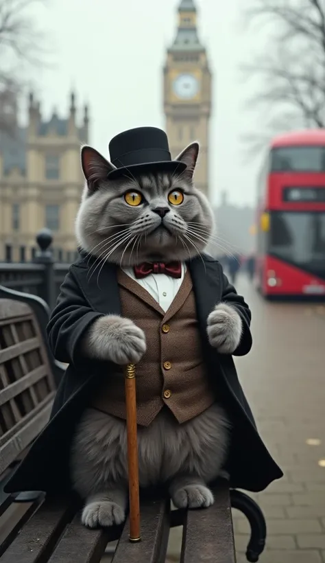 UK Cat:
A portly British Shorthair with gray fur and amber eyes, dressed in a miniature Victorian suit complete with a waistcoat and bowler hat. The cat sits on a wrought-iron bench in a foggy London park, holding a tiny cane in one paw. Big Ben and a red ...