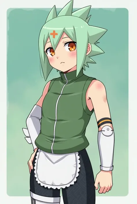  pointy hair in mint green with an orange hair clip the same as his eye color , which is also orange .  His ninja outfit consists of a sleeveless short shirt with mesh underneath and a visible belly,  white long sleeve protector ,  and short mesh pants wit...