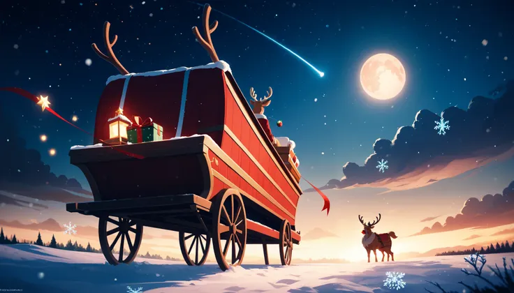 magical Christmas scene with Santa’s sleigh soaring through a starlit night sky. Santa rides confidently in his wooden sleigh overflowing with wrapped presents, his coat and beard flowing in the wind. Nine reindeer, led by Rudolph with his glowing red nose...