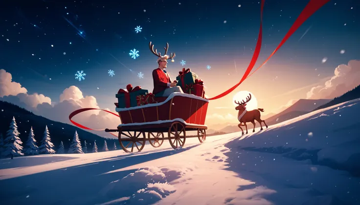 magical Christmas scene with Santa’s sleigh soaring through a starlit night sky. Santa rides confidently in his wooden sleigh overflowing with wrapped presents, his coat and beard flowing in the wind. Nine reindeer, led by Rudolph with his glowing red nose...