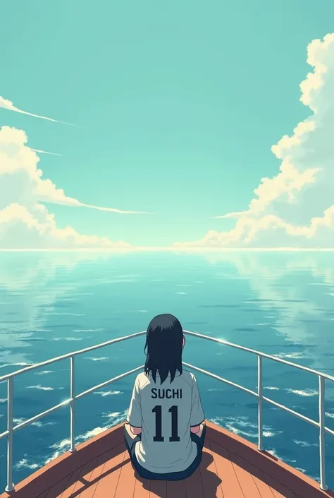 All around the sea. On the deck of a boat, an eighteen-year-old girl is sitting in the middle of the boat. "Suchi" is written on her jersey.