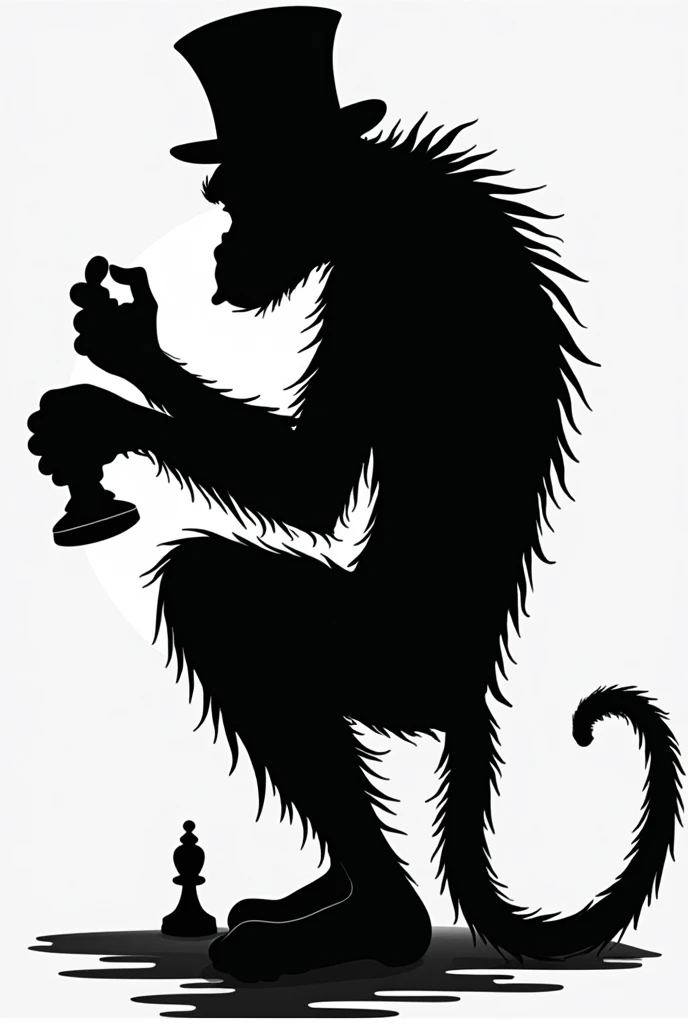 MAKE IT LOOK SERIOUS AND EVIL Make me a silhouette of a logo using a white font that says SMP monkeys and that the silhouette is black that has the shape of a spectrum on the back with a cup hat with a chess pattern on the bottom only and that everything i...