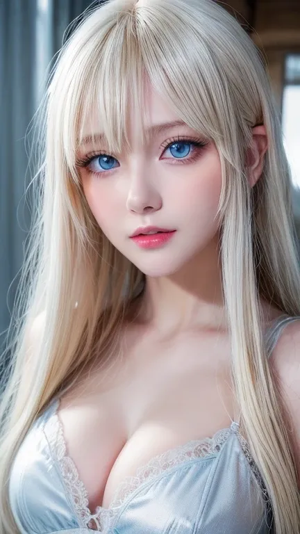  one very white girl 、 very cute appearance 、 high definition 、 very bright white shiny skin 、 very beautiful long bright blonde 、bangs、Very bright blonde、Eye Spacing Bangs 、 super long straight silky hair 、Very long blonde hair、 hair covering one eye 、 sh...