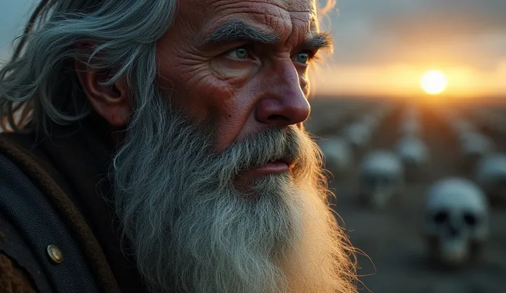 "A close-up, highly detailed image of Ezekiels face, full of emotion, set against the backdrop of the Valley of Dry Bones. His expression is intense and contemplative, as he gazes into the distance, filled with both sorrow and hope. His weathered face show...