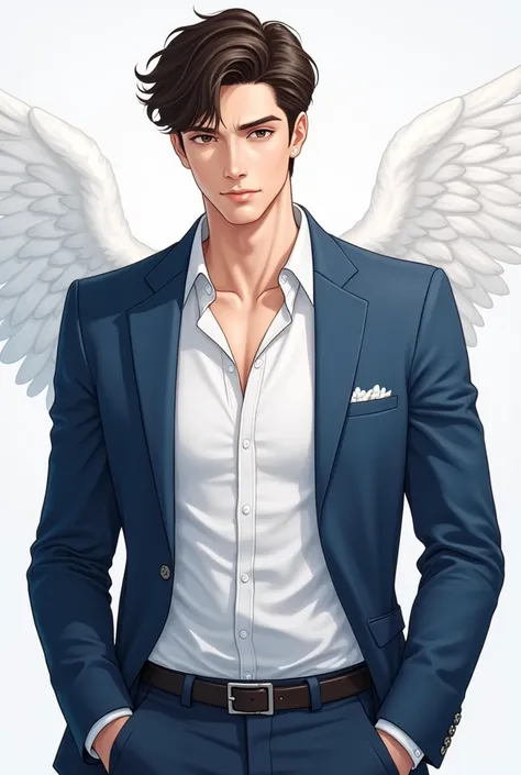  Generate a Manhwa style man with dark brown hair and white skin, white shirt and blue jacket and angelic and muscular face with a slim and very handsome build