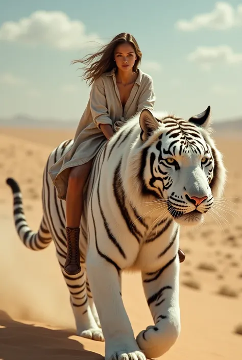  Woman rides in marsupial of great white tiger bacgroud desert