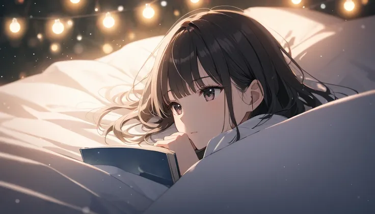 "Anime-style illustration of a young woman lying on a slightly messy bed while looking at her phone and pretending to not caring about it where objects of Christmas theme barely appearing with dim and melancholic environment. a second scene focuses in clos...