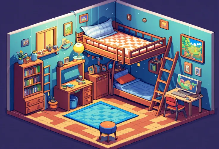  cartoon illustration of a s room with a ladder and bed,  isometric game art ,  Isometric 2D Game Art,  Isometric Art,  Detailed Game Art ,   lo-fi retro video game, isometric illustration fun , 2d game fanart, A room like a puzzle,  game illustration , RP...