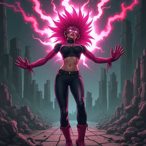 joana,  in her form of maximum power ,  maintains a lean appearance ,  but no less imposing . Her spiky pink hair ,  long ,  rise with force ,  reflecting its intense and uncontrolled energy ,  while your arms ,  covered by pink hairs ,  increases her anim...