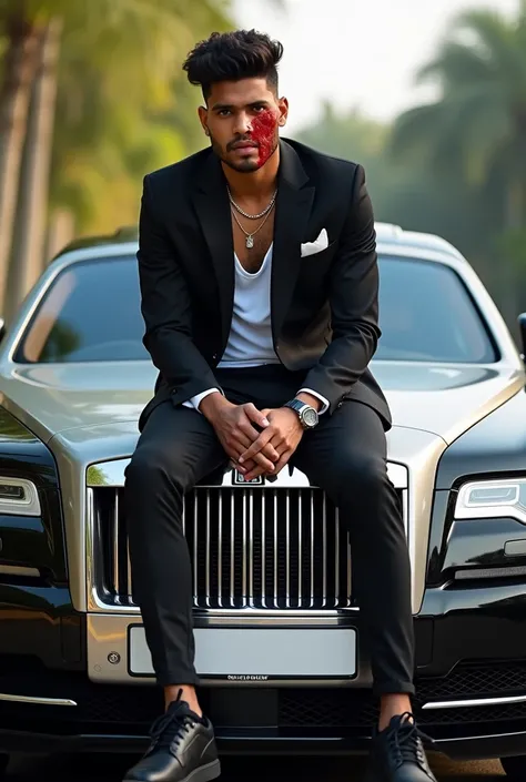 A young Bangladeshi man with a gangster-inspired aesthetic sits atop a Rolls-Royce,he had blood on his face and his car. exuding a sense of power and sophistication amidst the sleek, high-end vehicles luxurious exterior, his confident demeanor and sharp, u...