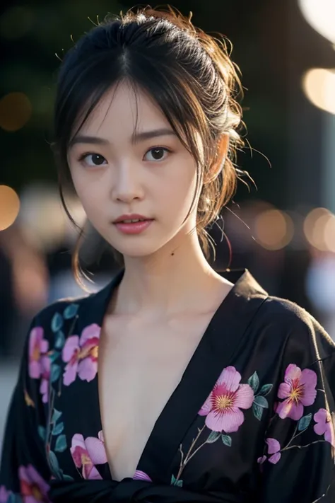 (masterpiece, highest quality:1.4), Beautiful Face, 8k, 85mm, Absurd, (Jet black floral yukata:1.2), Face close-up, violet, Gardenia, Delicate woman, alone, night, View your audience, Upper Body, Film Grain, chromatic aberration, Sharp focus, Face Light, P...