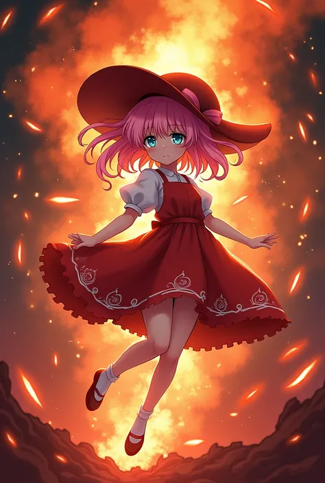 ((masterpiece, best quality)),(Negative Space:1.4),(1 Girl,  unique :1.4), Beautiful detailed eyes,Fluttering pink hair , Red Hat, Fireball, 施放Fireball咒, orange red fractal background, Look to one side,  blue-green eyes ,  fullbody , jumping