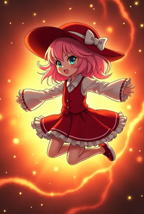 ((masterpiece, best quality)),(Negative Space:1.4),(1 Girl,  unique :1.4), Beautiful detailed eyes,Fluttering pink hair , Red Hat, Fireball, 施放Fireball咒, orange red fractal background, Look to one side,  blue-green eyes ,  fullbody , jumping