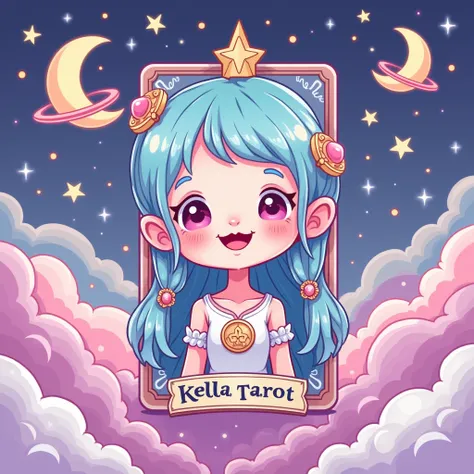 Create a vibrant and whimsical illustration for a tarot reading profile. The artwork should include pastel colors like pink, purple, and green with elements like moons, stars, clouds and especially a tarot card . Use cute, soft and clear designs . Include ...