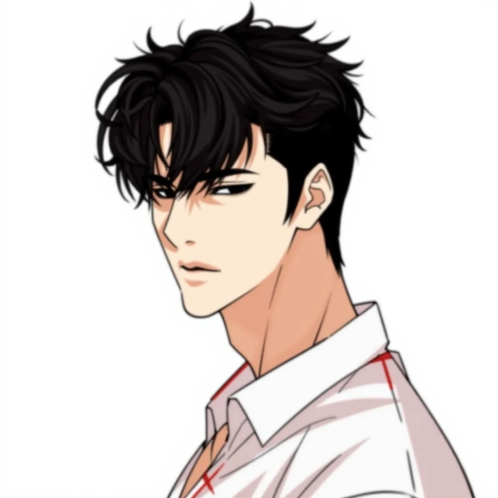 A panel from Lookism Manhwa. "Portrait of a young Asian man in sleek manhwa style, early 20s, sharp attractive features with intense hooded eyes and distinct arched eyebrows. Messy black hair styled with volume, featuring dramatic spiky layers and side-swe...