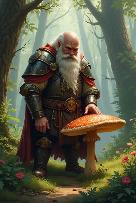 Noble dwarf picks up a porcini mushroom in the forest