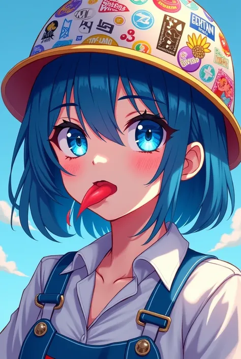 Create a  girl, With blue eyes neon , normal teeth,  winked blue hair,  lips painted red,  very long tongue , Licking,  workers helmet full of stickers, camisa blanca,  wears the anime style 