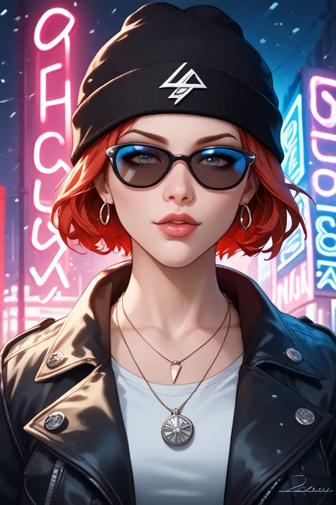 Face focus,  an alternative girl , , look at them with black sunglasses, jacket, necklace,  neon light background , earring, Makeup , Skin blemishes,  short haired , Beanie,  neon light background ,  dark , Depth of focus , In detail, High contrast,  film ...