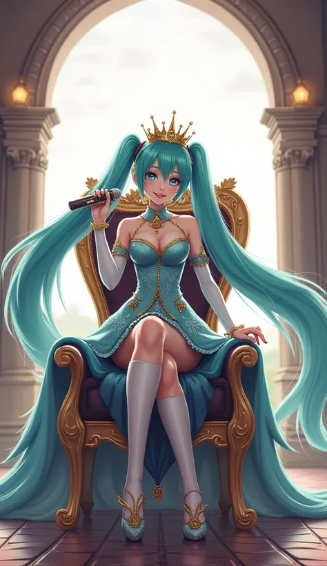 1girl, Hatsune Miku,  Extra High Heel Thin Heel High Heels,  Princess Costume , crown, gold, ((Throne)), in a castle, middle Ages, Wearing a blue vest, One foot on the ground ,  one leg turned his calf outward ,  One hand holding a microphone ,  One hand c...