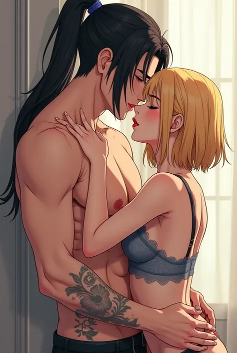 I would like to get an anime-style image of a couple consisting of a man with long black straight hair below the shoulders, gathered in a ponytail and a tattoo reaching to the waist, kissing a woman with very short golden bob hair and in gray-blue lace und...