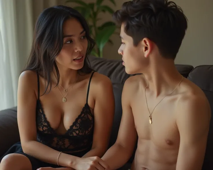 Very sexy Asian mom, showing cleavage, wearing revealing and sensual clothes, sitting on the couch chatting with her handsome teenage son.