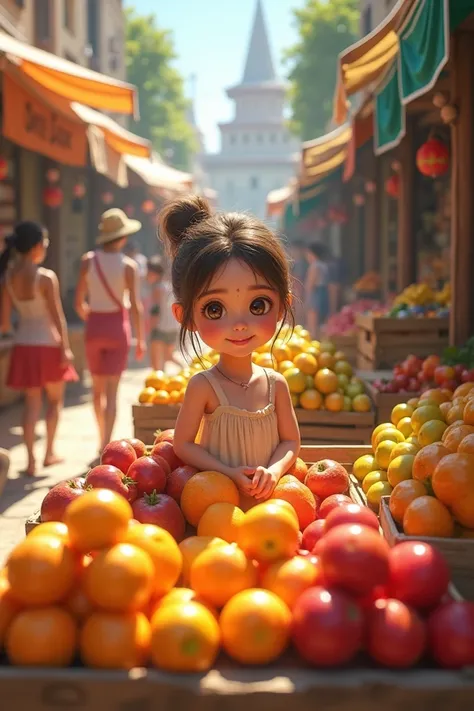 Create an image of a young beautiful girl selling fruit in the market 