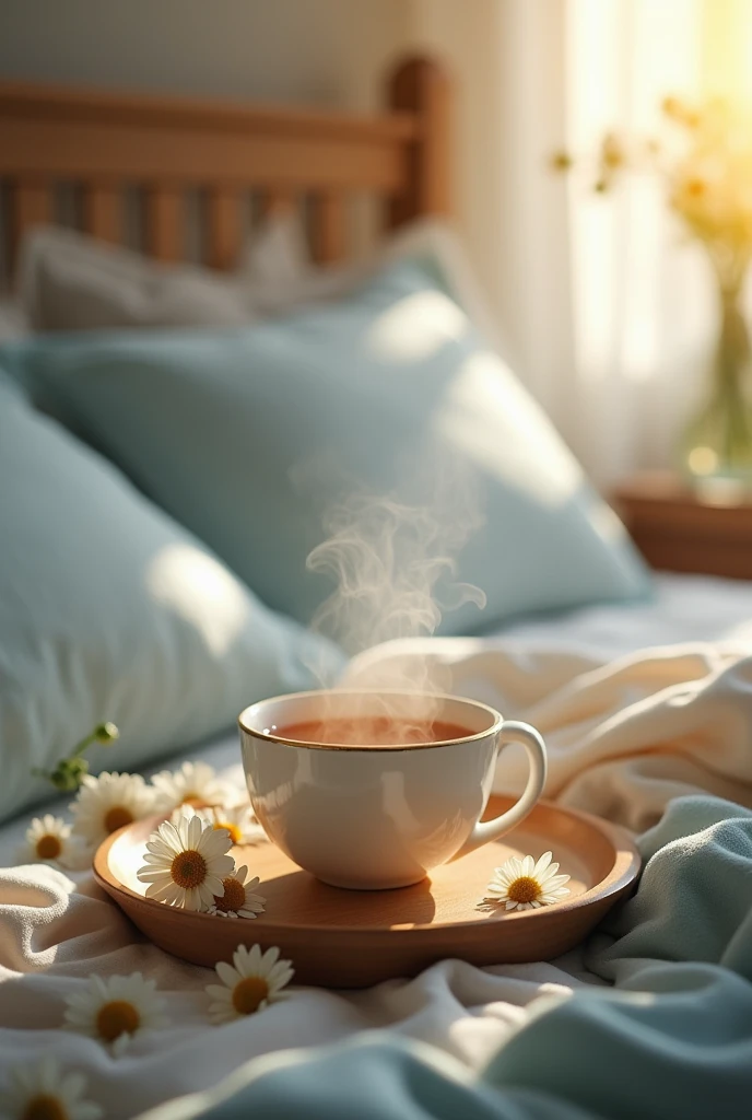 Visuals:

A cozy close-up shot of a steaming cup of chamomile tea placed on a wooden bedside table.

Background: A soft, blurred scene of a peaceful bedroom with warm lighting (e.g., a lamp glowing softly).

Props: Chamomile flowers scattered around the te...