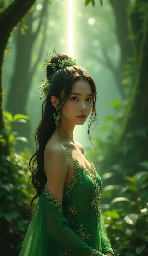 Best quality, expressive eyes, perfect face, The realistic image of a Nymph in a beautiful green Thai outfit with a white line centered in a lush forest.