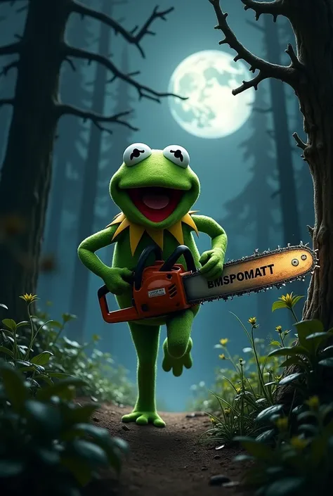 Kermit runs through the woods at night with a chainsaw in his hand