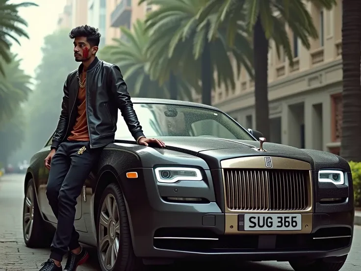 A young Bangladeshi man with a gangster-inspired aesthetic sits atop a Rolls-Royce,he had blood on his face and his car. exuding a sense of power and sophistication amidst the sleek, high-end vehicles luxurious exterior, his confident demeanor and sharp, u...