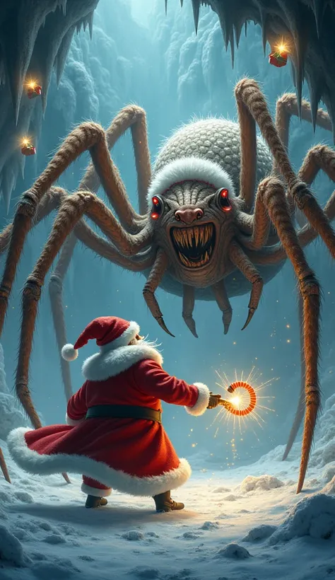 "Santa Claus enfrenta uma Aranha Natalina Gigante,  a terrifying creature with a body covered by white and red hair , as if wearing a Christmas costume .  His long legs are sharp like blades of ice ,  and his glowing eyes reflect Christmas lights .  The sp...