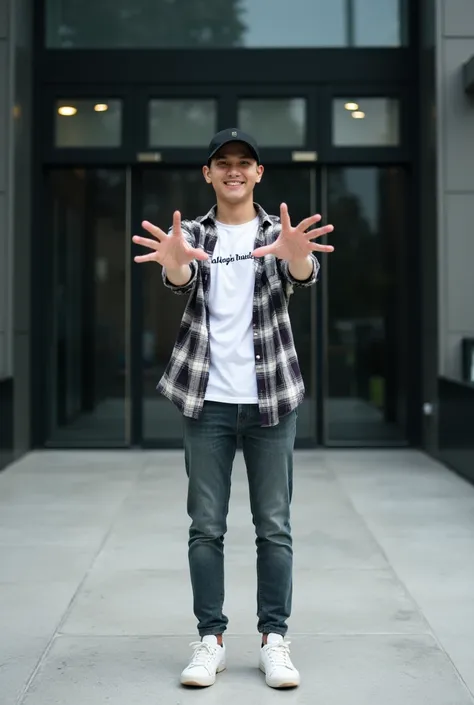 Front view, Indonesian man, 20 years , wearing a white T-shirt with the words Rakyat Mulyono. Short-sleeved plaid shirt, black baseball cap, long jeans, and sneakers. Standing and posing facing the camera while smiling, both hands outstretched. The backgro...