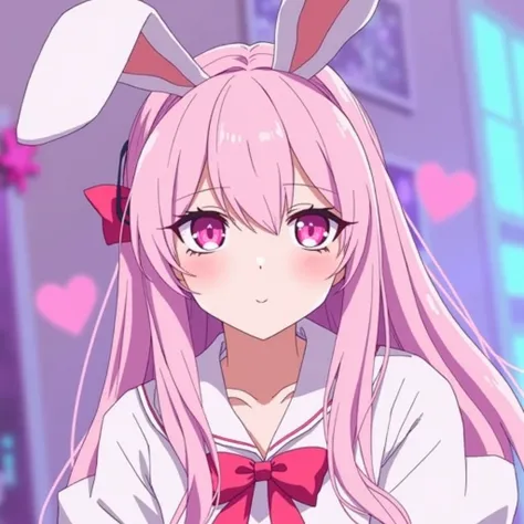 bunny pink long hair anime girl with pink eyes and shes smiling, wearing a detailed strapless sweetheart neckline dress with light pink and white hair clips