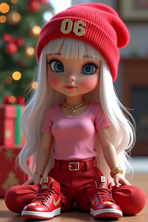 A sinematik anime render of a  Latina baby named Melanie. She has long, straight white hair and blue eyes. She is wearing a red beanie with the name "06" written in gold metal. She is dressed in the latest fashion, wearing a pink t-shirt, She has very big ...