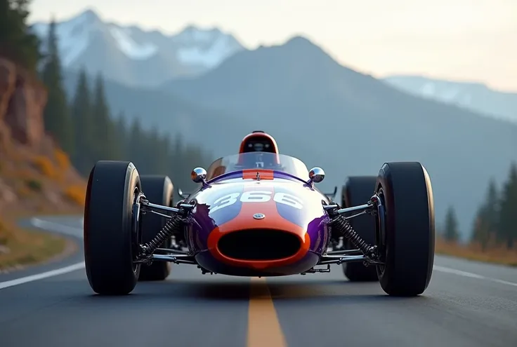 Auto drive. Facing forward Formula1 vintage car purple and orange metalix color with number "366", on road, montain background, detailled photo, 4k resolution. Wide tires.