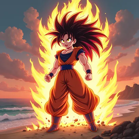 Play Caulifla in Super Saiyan: Black-haired, red-haired and yellow-eyed monkey set on the beach
Dragon Ball AF style ( Make the Dragon Ball traits Same )