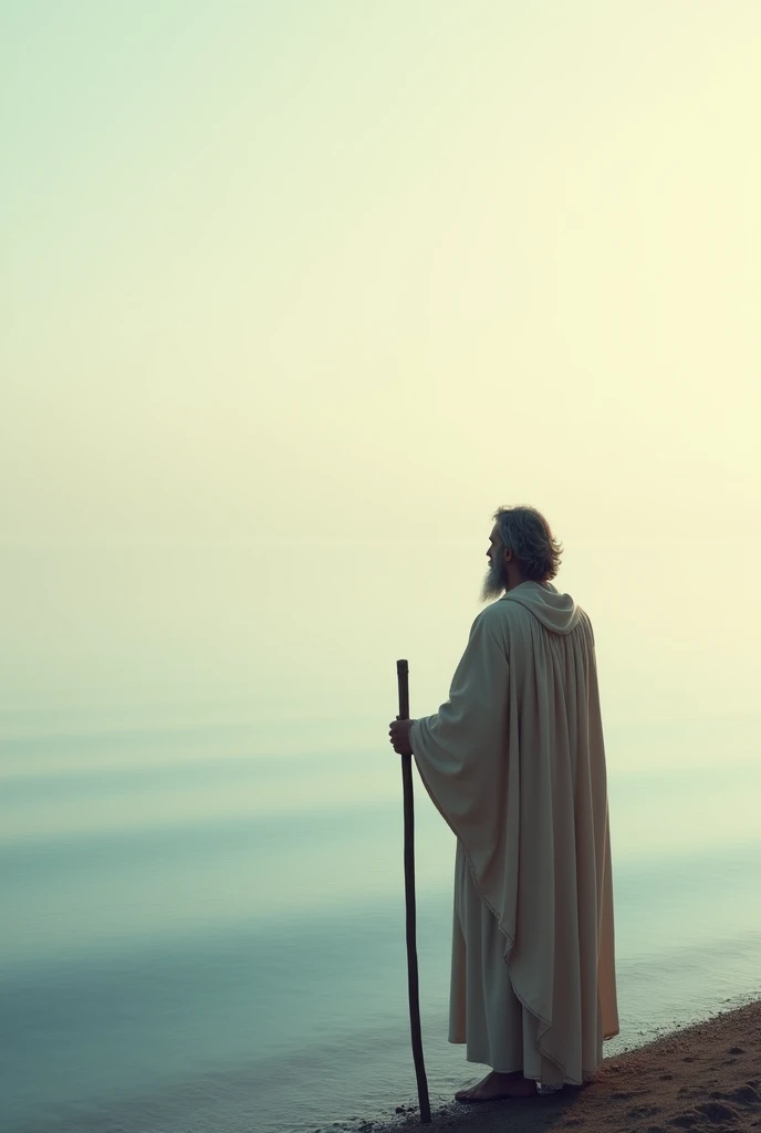  A serene shot of the calm sea under a clear sky at dawn.

Moses on the shore ,  with the rod in his hand ,  looking at the horizon in silence .
