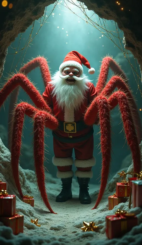 " A grotesque fusion between Santa Claus and the Giant Christmas Spider ,  resulting in a Christmas abomination .  The hybrid has the torso of Papaya Santa Claus with his white beard and red suit ,  but his legs turned into eight spider limbs covered in re...