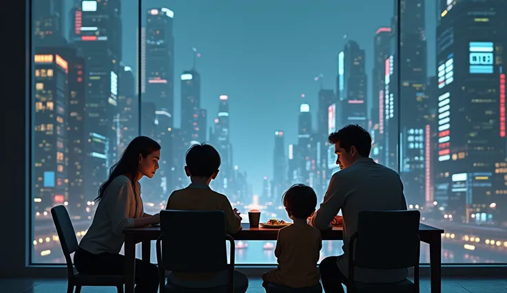 "A futuristic European city with people engrossed in technology, while a small family sits disconnected at a dining table, highlighting the loss of closeness in family relationships."
