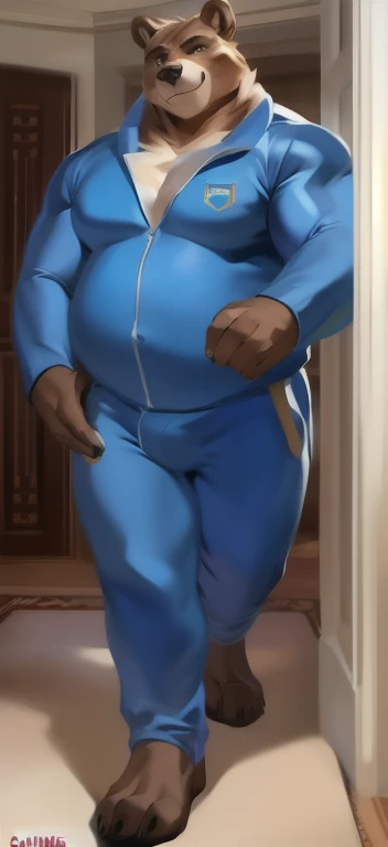 Solo, male Tall​, huge​ body​,​standing, The room is empty.,bear kangaroo ​,blue military spacesuit, overweight, muscular, smirking, by chunie